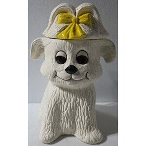 Vintage Doranne White Dog Cookie Jar Smiling Big Eyes Yellow Bow 13" READ